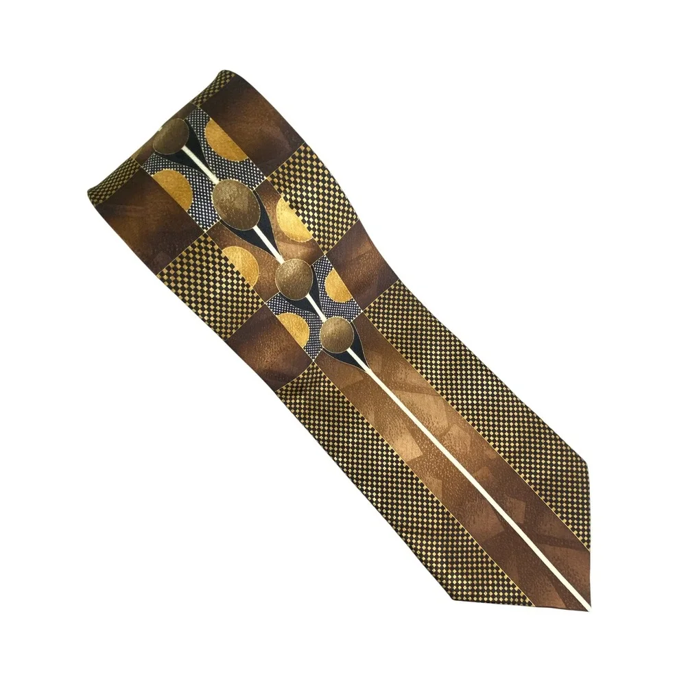 I. Ashmani Mens Tie Brown Gold Geometric Abstract Art Deco Artsy Checkered 57x4